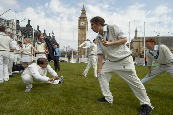 Space Hijackers Anarchist Cricket, Parliament Square, Westminster, May Day, 2005 (C) Peter Marshall, 2005.